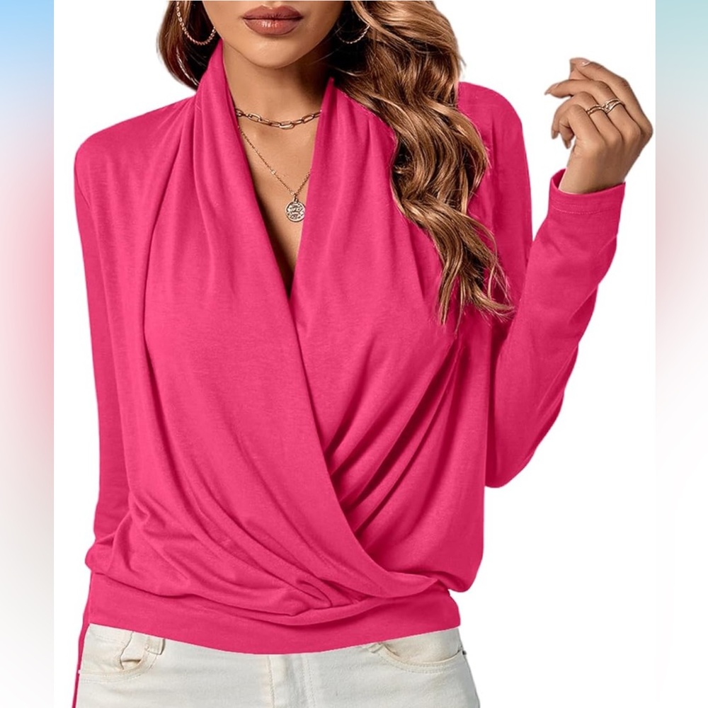 NWOT Pink Drape Surplice Blouse - Picture 6 of 6